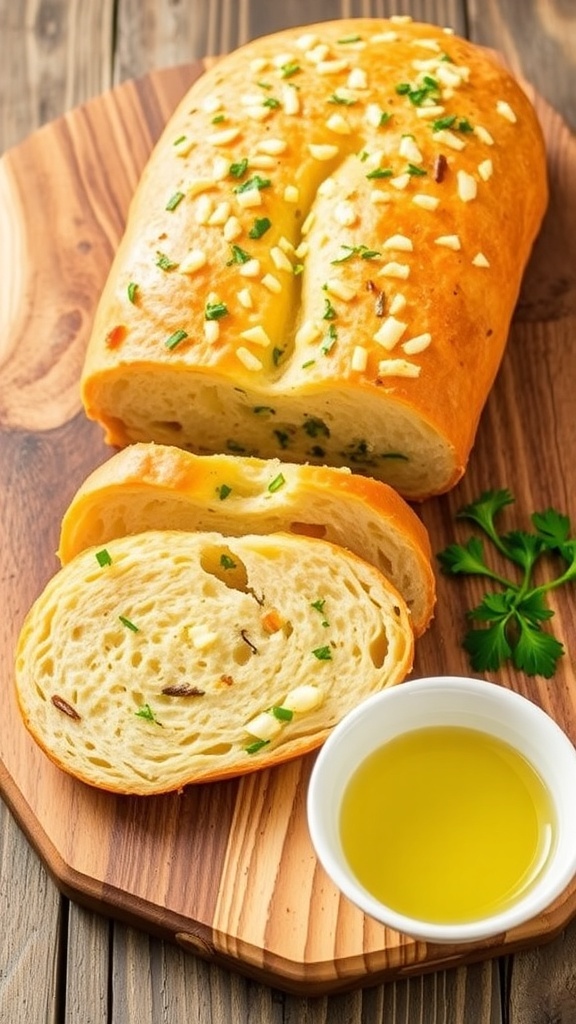 Zero Carb Garlic Bread Recipe Sliced zero carb garlic bread on a wooden board, garnished with herbs and served with olive oil.